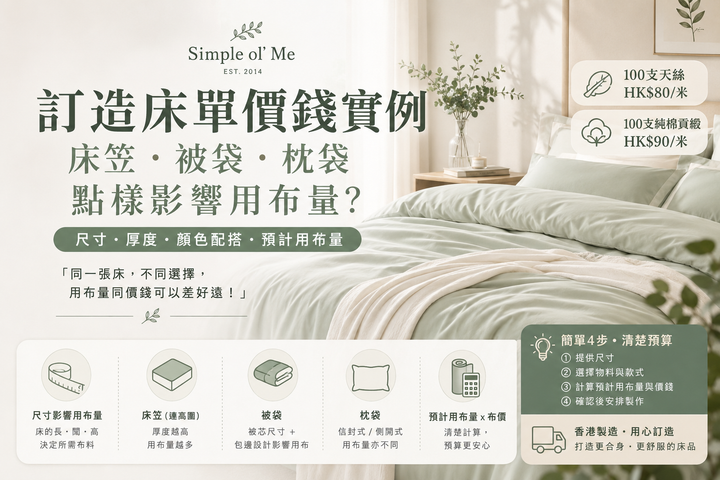 香港訂造床單價錢實例,說明床笠、被袋、枕袋及用布量計算。