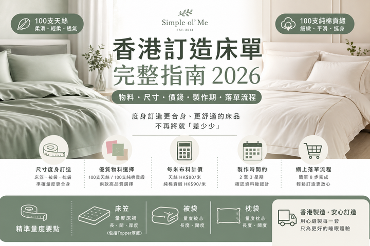 香港訂造床單完整指南2026,展示100支天絲與100支純棉貢緞、床褥尺寸量度、價錢及落單流程