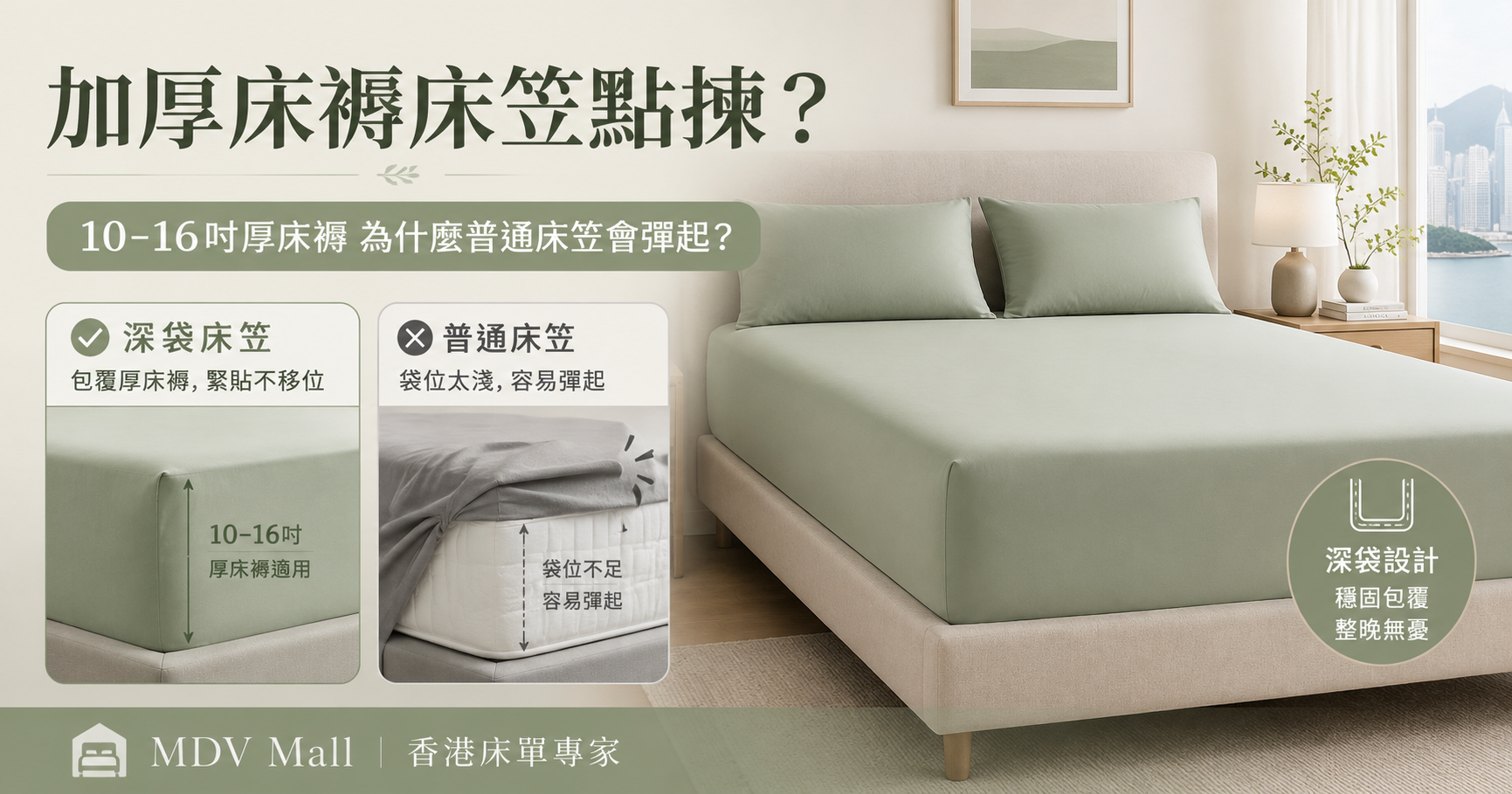 香港加厚床褥床笠指南，適合10至16吋厚床褥、Topper、IKEA尺寸及地台床，並比較傳統與可拆式床笠