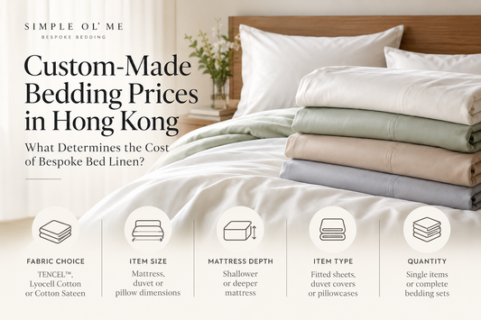 Custom-made bedding prices in Hong Kong, showing fabric choice, item size, mattress depth, item type and quantity as factors affecting bespoke bed linen cost.