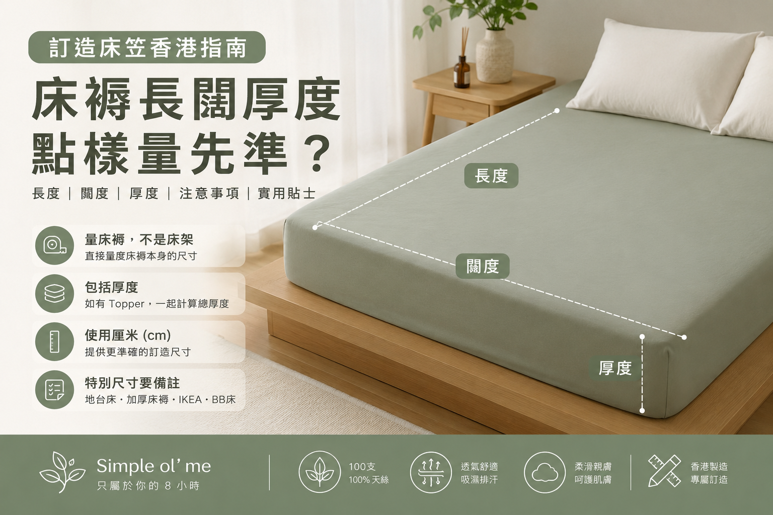 香港訂造床笠量度指南，展示床褥長度、闊度及厚度量度方法，並比較傳統與可拆式床笠、天絲與純棉貢緞