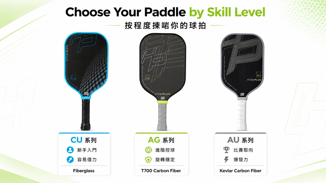 HomiPlus CU AG AU 匹克球拍材質比較，玻璃纖維、T700碳纖維及凱夫拉碳纖維選購指南