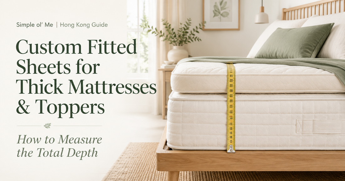 Thick mattress with topper being measured for a custom fitted sheet in Hong Kong, showing mattress width, length and total depth