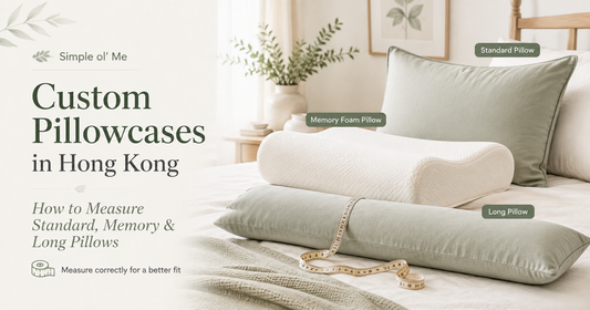 Custom pillowcases in Hong Kong for standard, memory foam and long pillows, shown with a measuring tape for made-to-measure sizing.