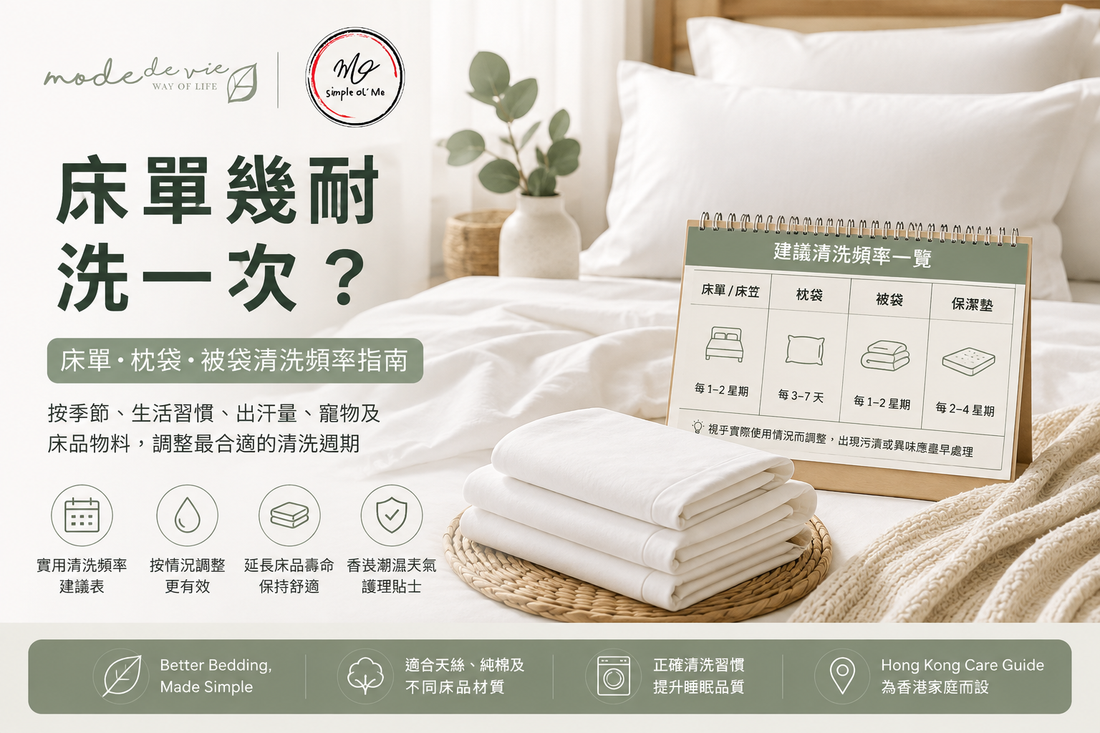 床單幾耐洗一次清洗頻率指南封面，展示潔白床品、枕袋、被袋及清洗週期日曆，提供香港家庭床品清潔及護理建議。