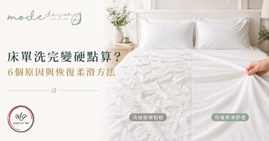床單洗完變硬及粗糙護理指南封面，展示皺硬床單與恢復柔滑床單的對比，介紹6個常見原因及護理方法。