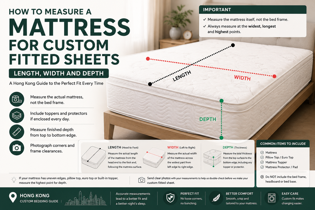 English infographic showing how to measure mattress length, width and depth for a custom fitted sheet, including toppers, protectors and bed-frame clearance.