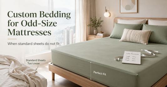 Custom sage-green fitted sheet tailored to an odd-size mattress beside loose standard bedding, with measuring tape and size notes in a Hong Kong bedroom.