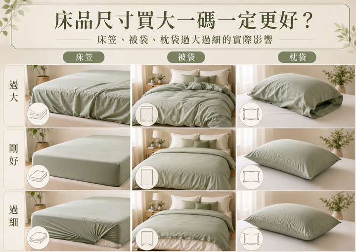 床笠、被袋及枕袋尺寸比較圖，展示床品過大、剛好及過細時的鬆皺、貼服與拉扯效果。