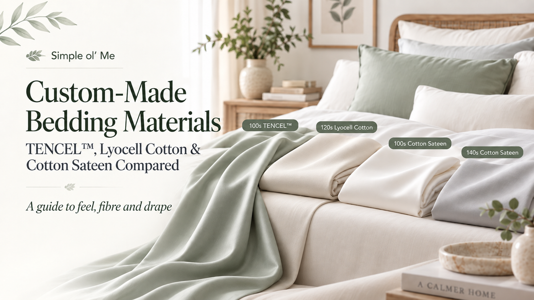 Custom-made bedding materials comparison by Simple ol’ Me, showing 100s TENCEL™, 120s Lyocell Cotton, 100s Cotton Sateen and 140s Cotton Sateen on a styled bed in Hong Kong.