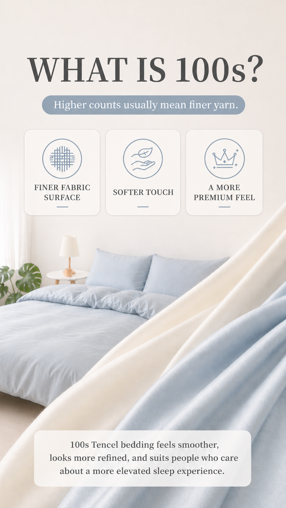 100s TENCEL Lyocell custom bedding benefits showing silky-smooth, breathable and moisture-wicking comfort