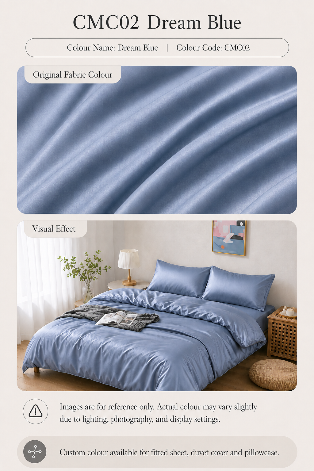 CMC02 Dream Blue 100s long-staple cotton sateen custom bedding colour