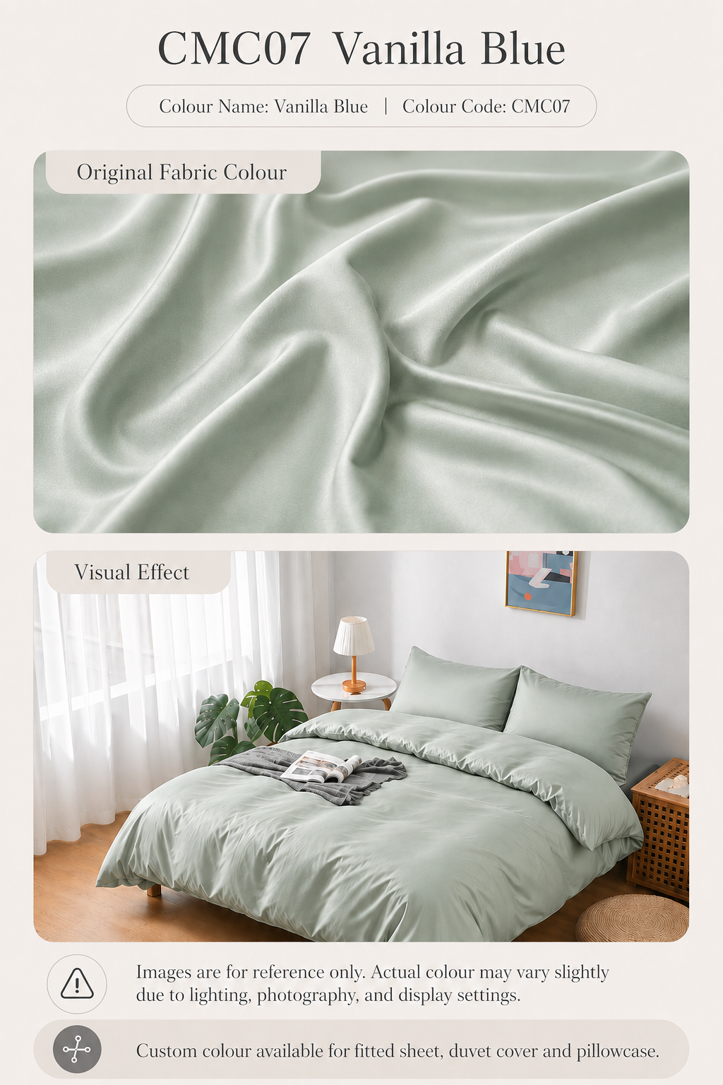 CMC07 Vanilla Blue 100s long-staple cotton sateen custom bedding colour