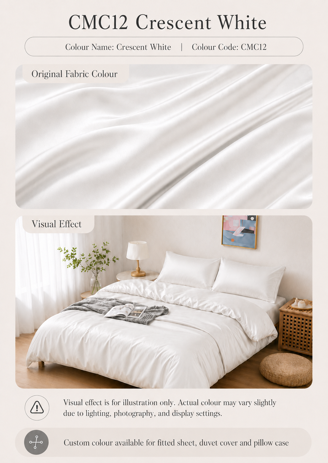 CMC12 Crescent White 100s long-staple cotton sateen custom bedding colour