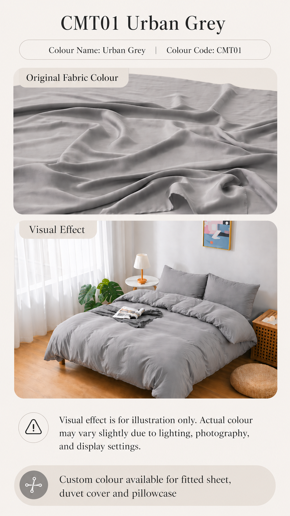 CMT01 Urban Grey 100s Tencel custom bedding colour and bedroom visual