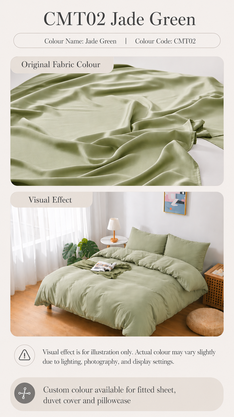 CMT02 Jade Green 100s Tencel custom bedding colour and bedroom visual