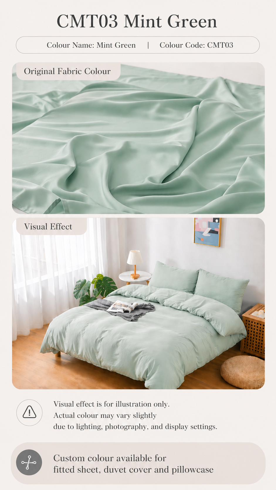 CMT03 Mint Green 100s Tencel custom bedding colour and bedroom visual