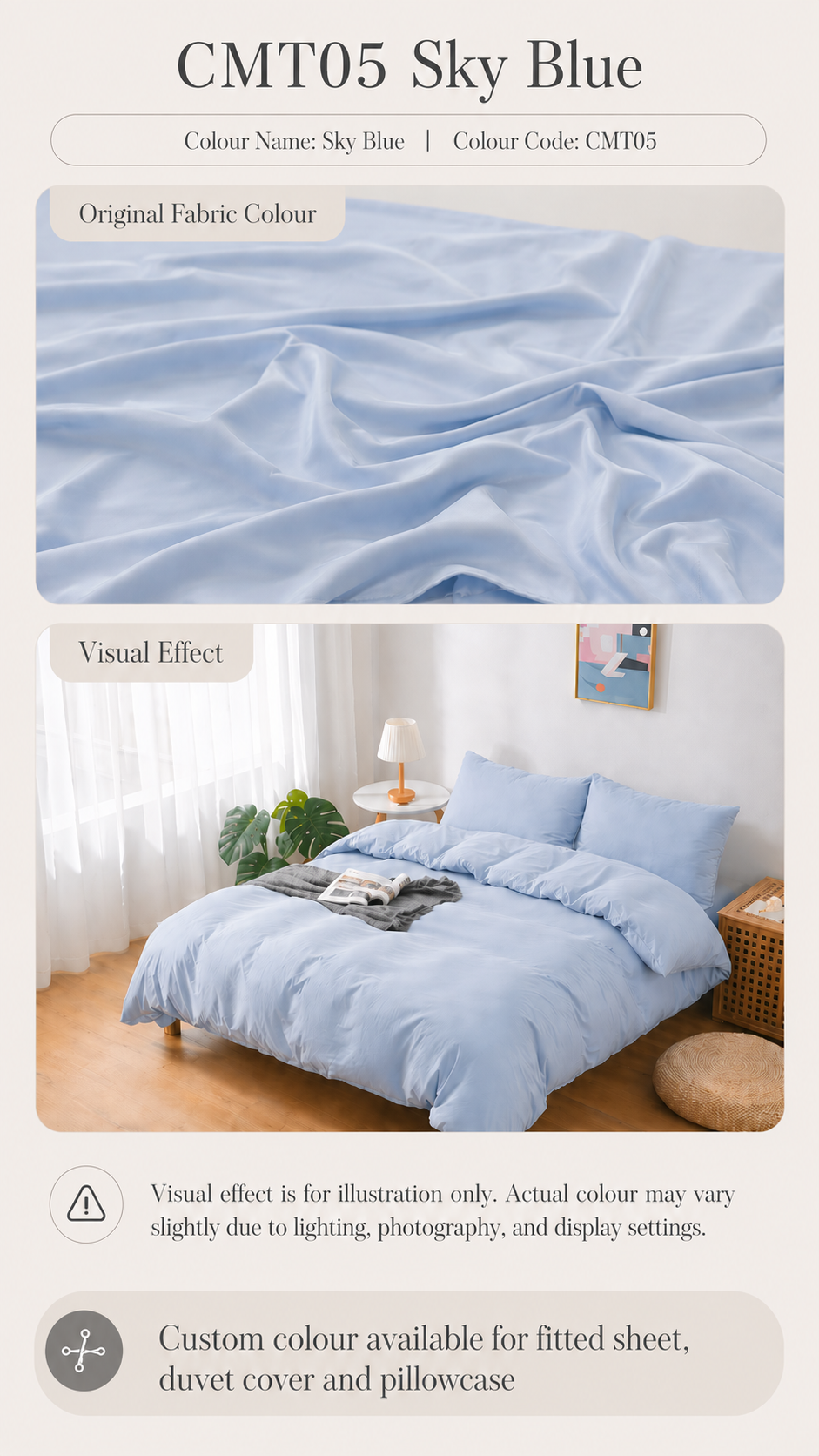 CMT05 Sky Blue 100s Tencel custom bedding colour and bedroom visual