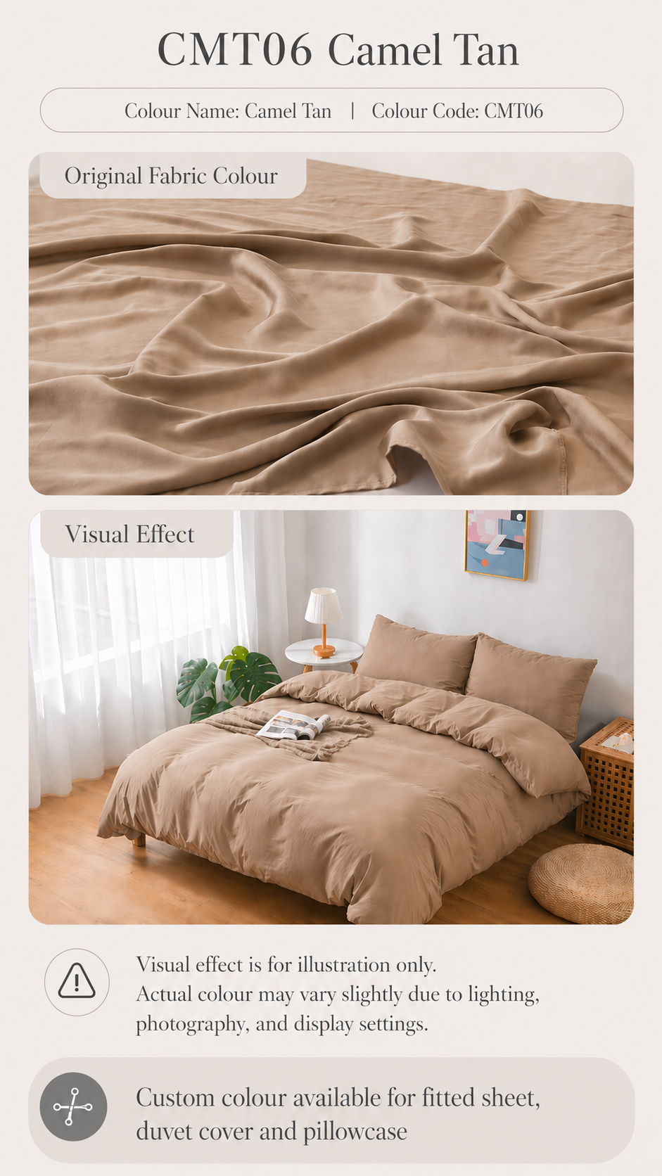 CMT06 Camel Tan 100s Tencel custom bedding colour and bedroom visual