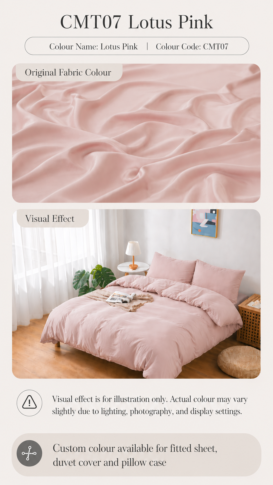 CMT07 Lotus Pink 100s Tencel custom bedding colour and bedroom visual