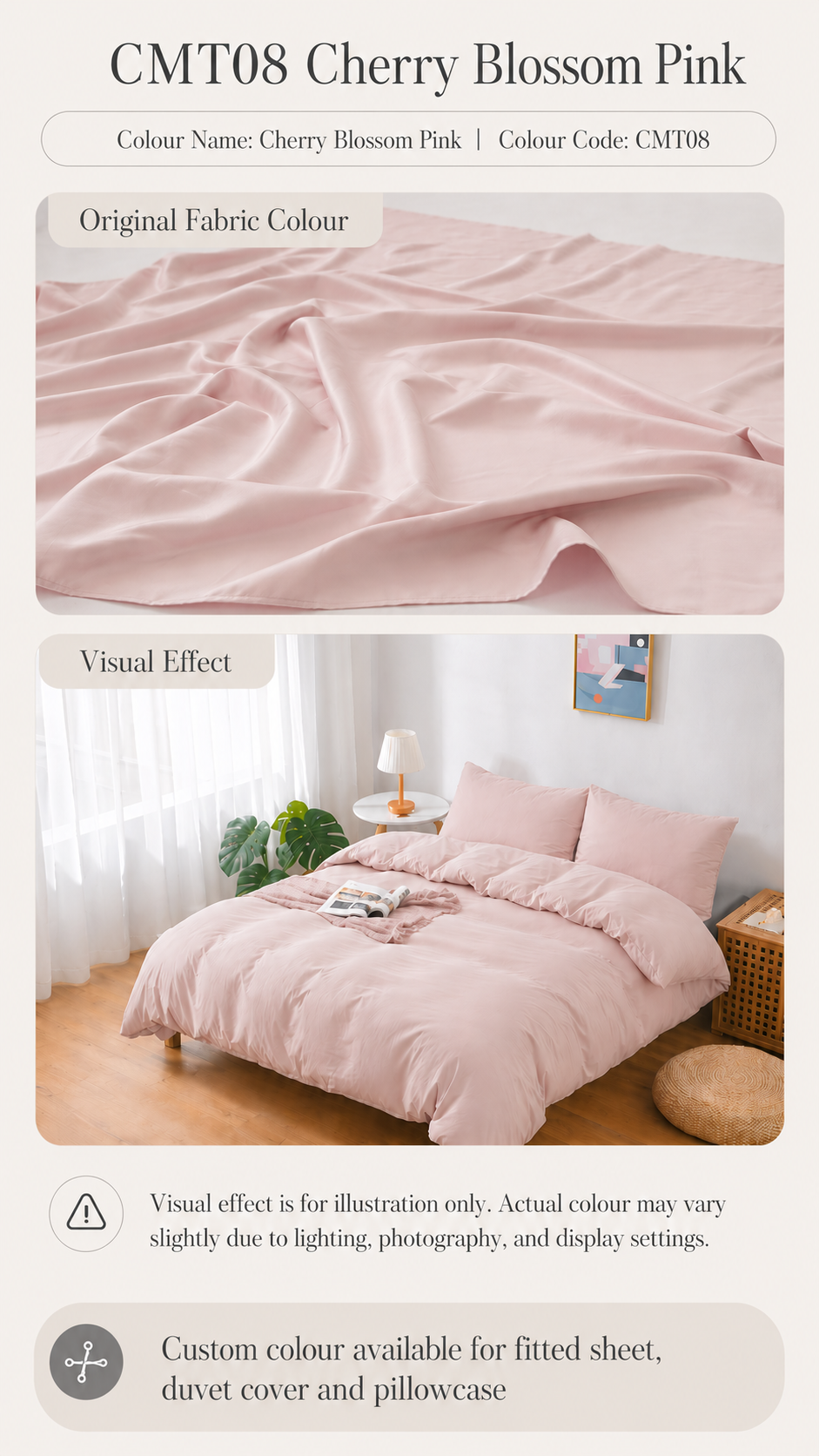 CMT08 Cherry Blossom Pink 100s Tencel custom bedding colour and bedroom visual