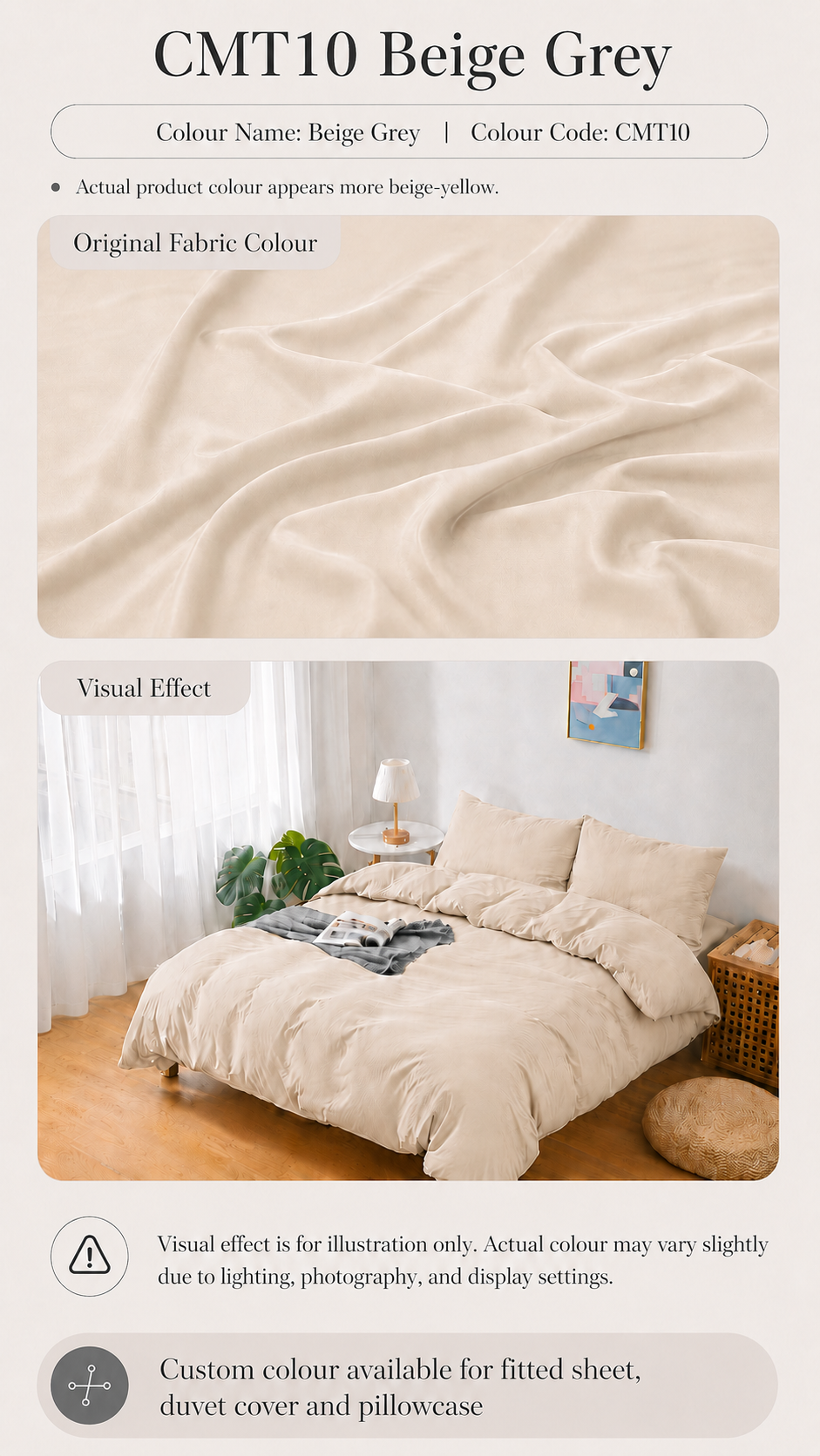 CMT10 Beige Grey 100s Tencel custom bedding colour and bedroom visual