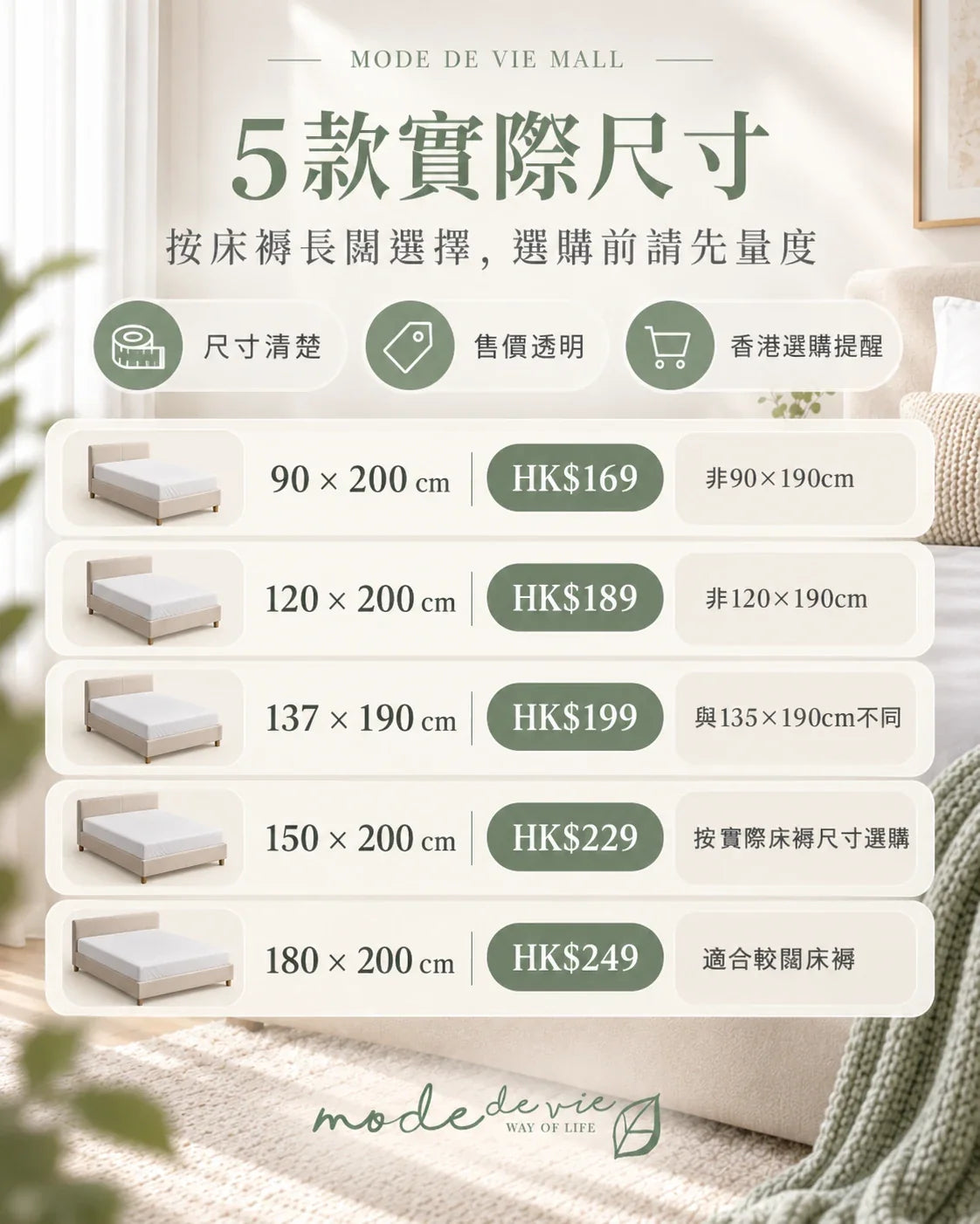 Mode de Vie Mall｜防水床褥保護笠五款實際尺寸與港幣售價表