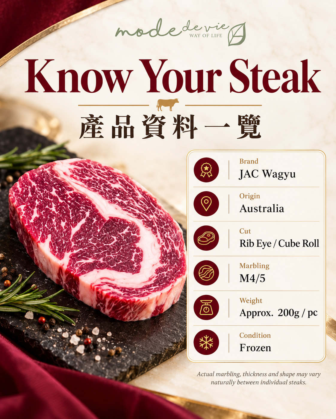 A07 JAC Wagyu 澳洲和牛肉眼扒 M4/5 約200g 冷凍產品資料