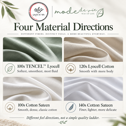 Four material directions comparison for Simple ol' Me custom bedding