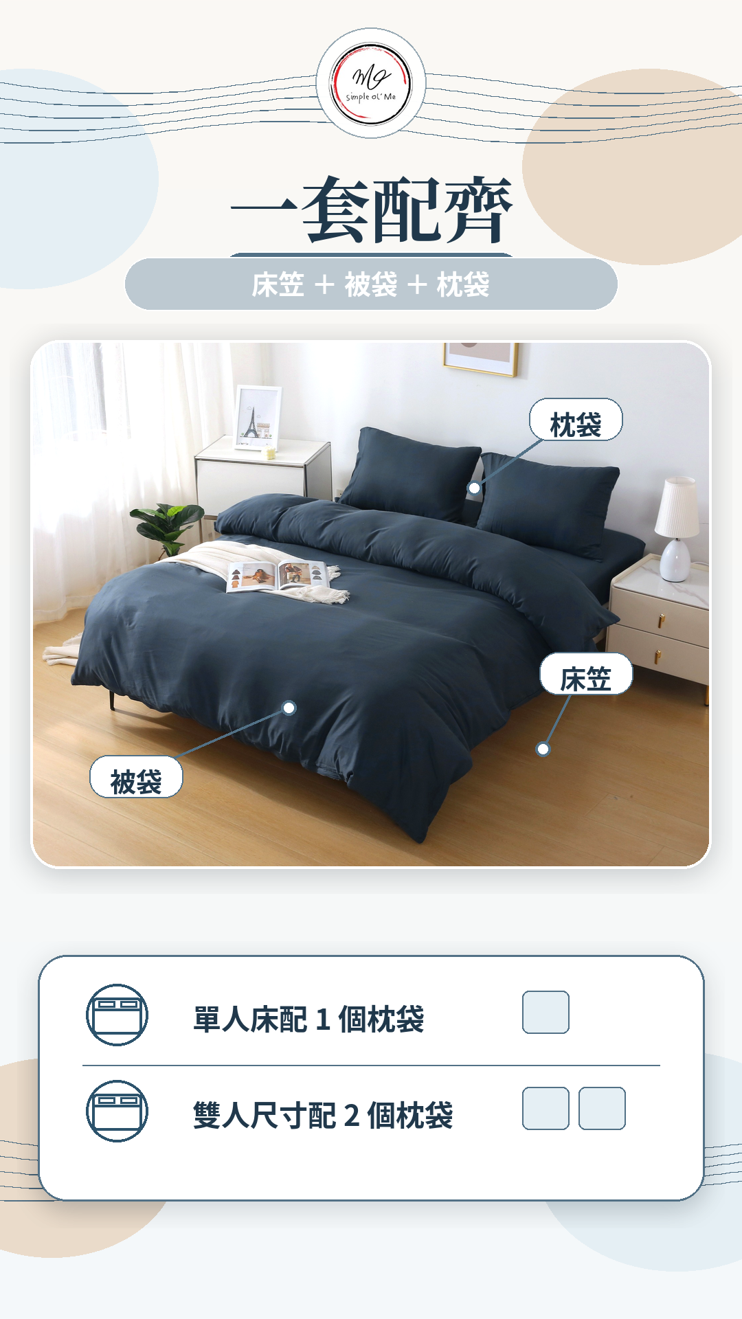 Simple Ol’ Me TN03天絲床單套裝A+套裝內容圖，展示床笠、被袋及枕袋一套配齊，單人床配1個枕袋，雙人床尺寸配2個枕袋，適合香港常見床褥尺寸