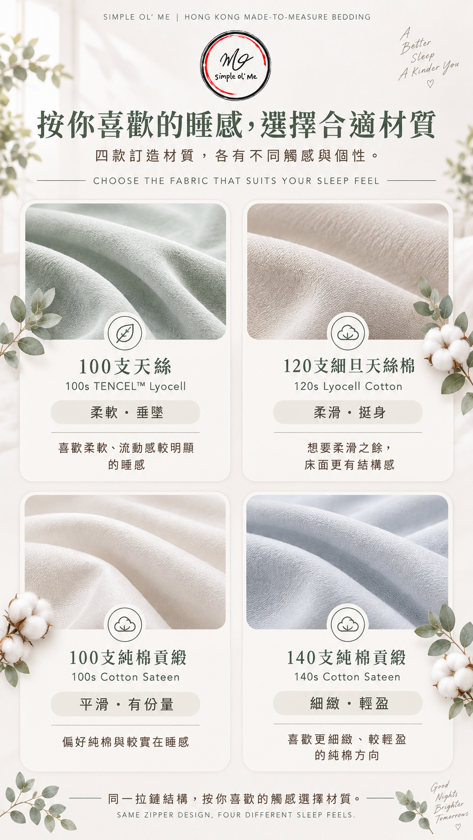 Simple ol’ Me 四款訂造床品材質睡感指南，比較100支天絲、120支細旦天絲棉、100支純棉貢緞及140支純棉貢緞的觸感方向